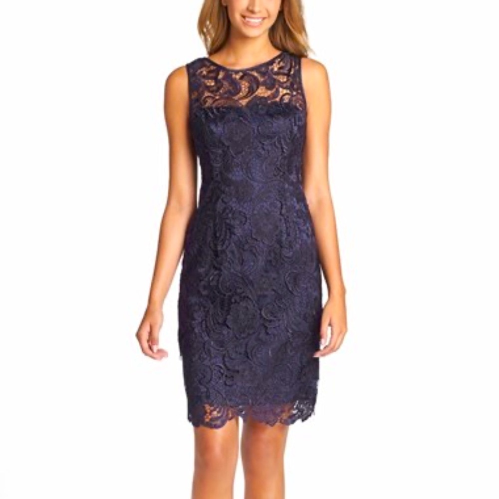 Adrianna Papell Illusion Bodice Lace Sheath Dress Navy Lace Sheath Dress 14